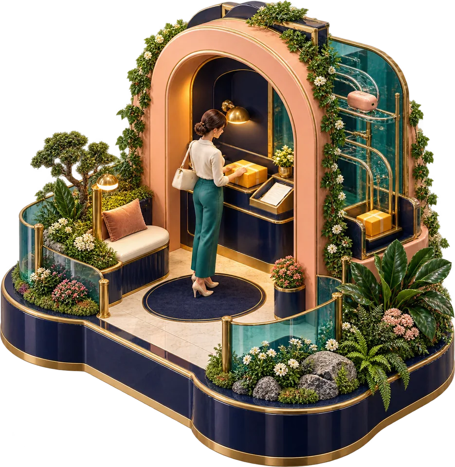 Sculptural illustration of a person at a self-service kiosk under a garden archway
